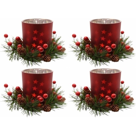 4x Christmas deco red tealight holders 8 cm