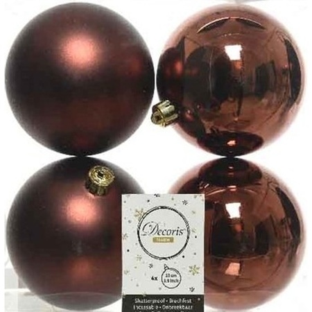 4x Mahonie bruine kerstballen 10 cm kunststof mat/glans