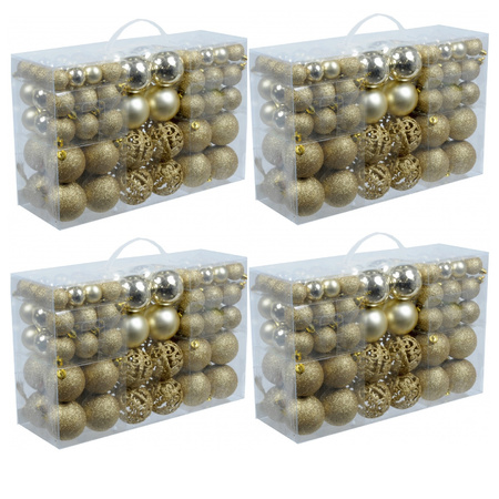 4x pakket met 100x gouden kerstballen kunststof 3, 4, 6 cm