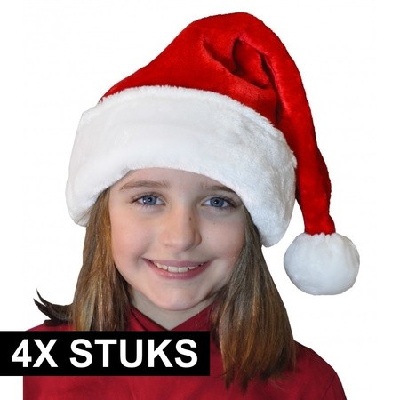 4x Pluche luxe kerstmutsen rood/wit voor kinderen