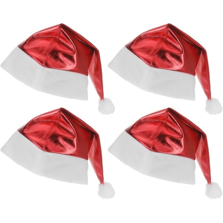 4x Red shiny Santa hats for adults