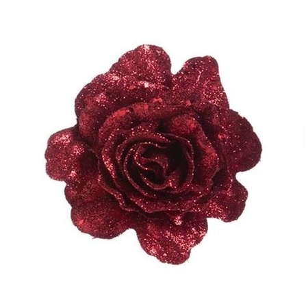 4x Red rose with glitter on clip 7 cm