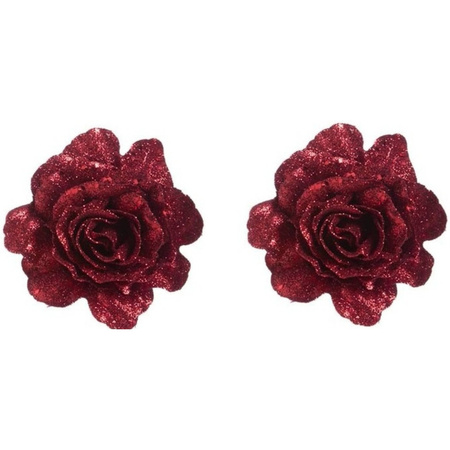 4x Red rose with glitter on clip 7 cm