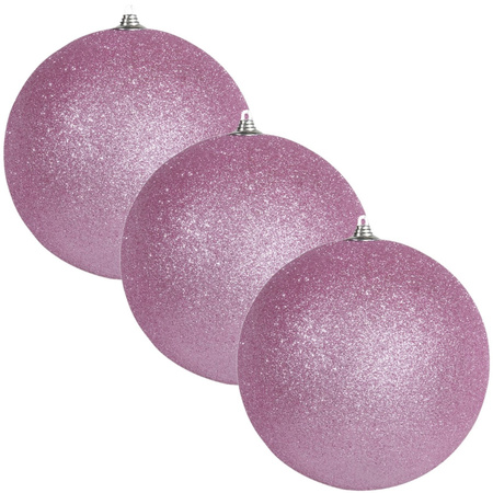 4x Roze grote kerstballen met glitter kunststof 13,5 cm