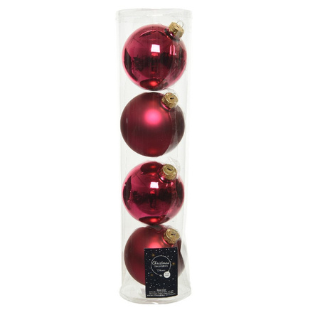 4x Berry pink glass Christmas baubles 10 cm shiny and matte