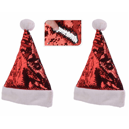 4x stuks glimmende verander/wrijfbare pailletten kerstmutsen rood/zilver