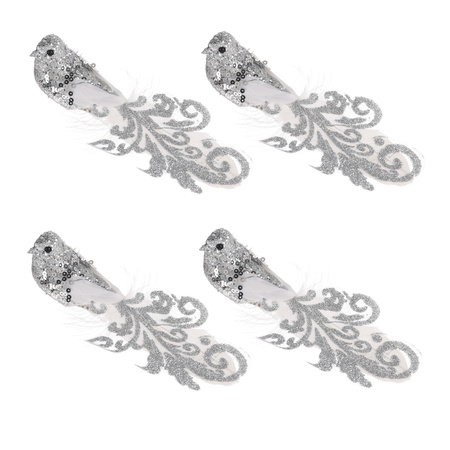4x Silver decoration birds on clip 15 cm