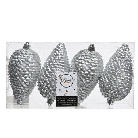 4x Silver pinecones Christmas baubles 12 cm plastic glitter