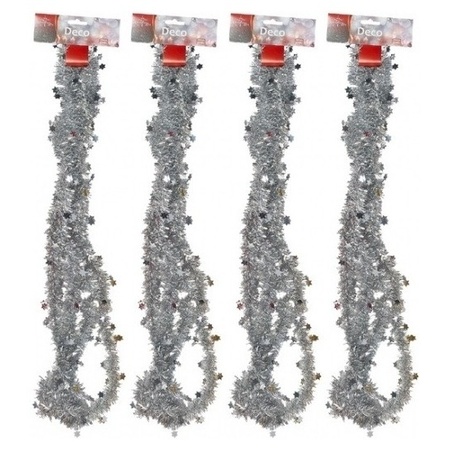  4x Silver tinsel Christmas garlands with stars 270 cm