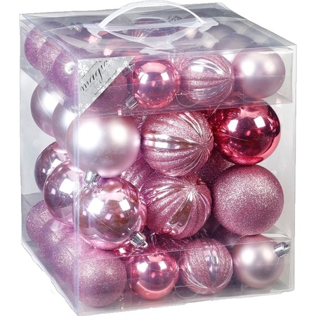 50x Mix pink plastic Christmas baubles 6 cm 