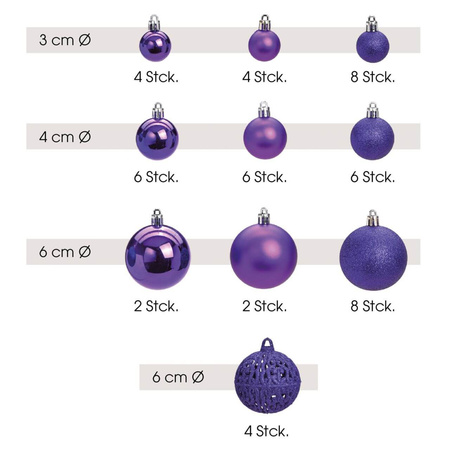 50x Paarse kunststof kerstballen 3, 4 en 6 cm