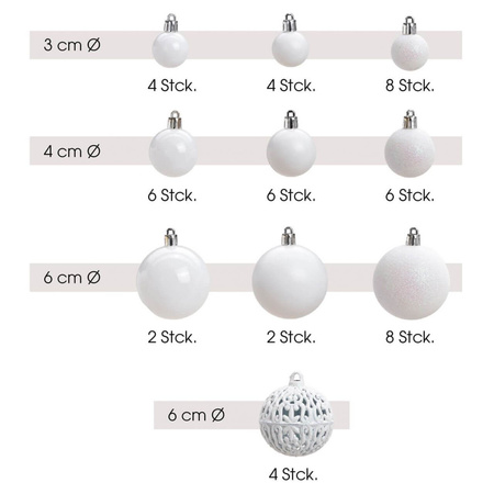50x Witte kunststof kerstballen 3, 4 en 6 cm