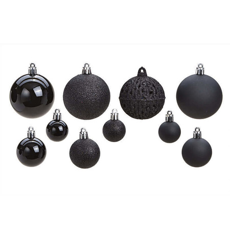 50x Black plastic Christmas balls 3, 4 and 6 cm