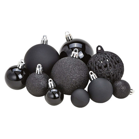 50x Zwarte kunststof kerstballen 3, 4 en 6 cm