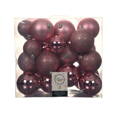 52x stuks kunststof kerstballen lippenstift roze 6-8-10 cm glans/mat/glitter