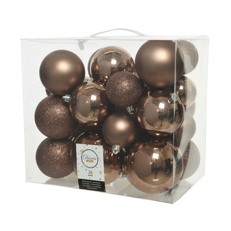 52x stuks kunststof kerstballen walnoot bruin 6-8-10 cm glans/mat/glitter