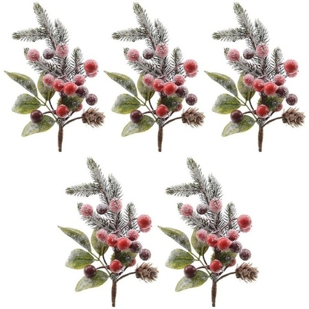 5x Christmas decorationsticks with berries/snow green/red 20 cm
