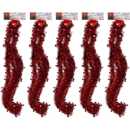 5x Red tinsel Christmas garlands with stars 270 cm