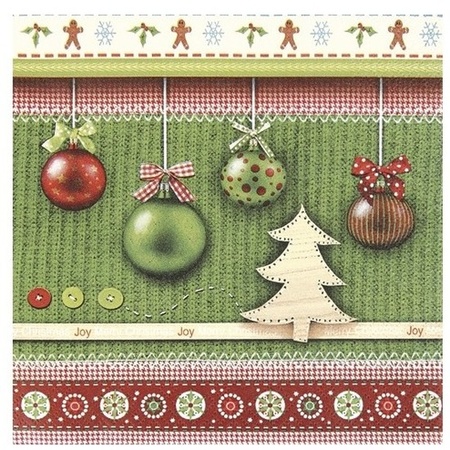 60x Christmas napkins green with Christmas balls 33 x 33 cm