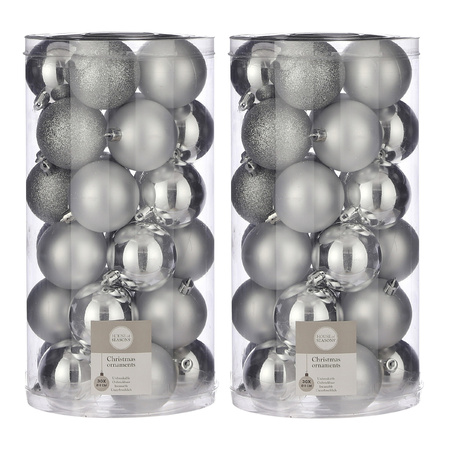 60x Plastic christmas baubles silver 6 cm