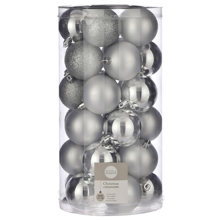 60x Plastic christmas baubles silver 6 cm