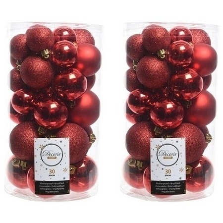 60x Rode kerstballen 4 - 5 - 6 cm kunststof mat/glans/glitter
