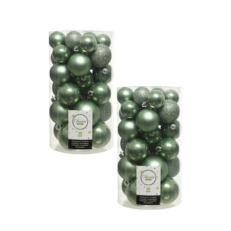 60x Salie groene kerstballen 4 - 5 - 6 cm kunststof mat/glans/glitter