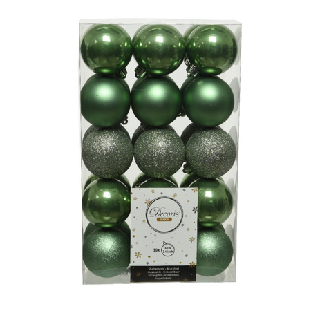 60x stuks kunststof kerstballen salie groen (sage) 6 cm glans/mat/glitter