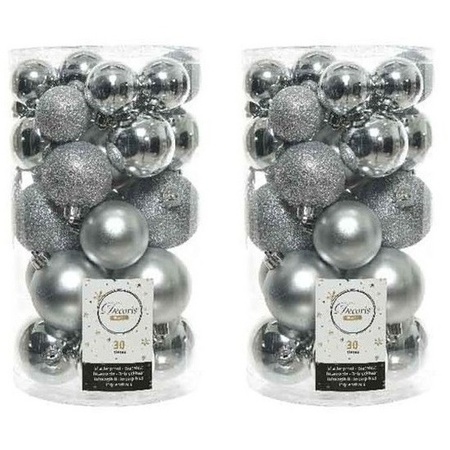 60x Zilveren kerstballen 4 - 5 - 6 cm kunststof mat/glans/glitte