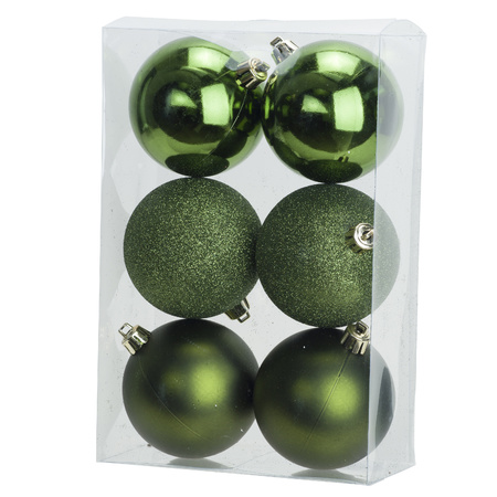 6x Green Christmas baubles 8 cm plastic matte/shiny/glitter