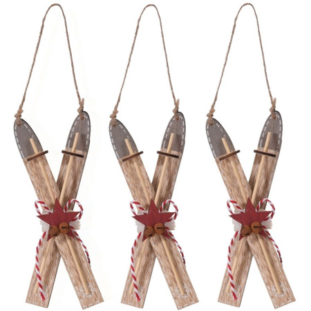 6x Brown wooden skis Christmas tree decoration 17 cm
