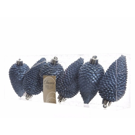 6x Dark blue pinecones Christmas baubles 8 cm plastic glitter