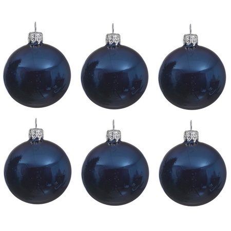 6x Donkerblauwe glazen kerstballen 6 cm glans
