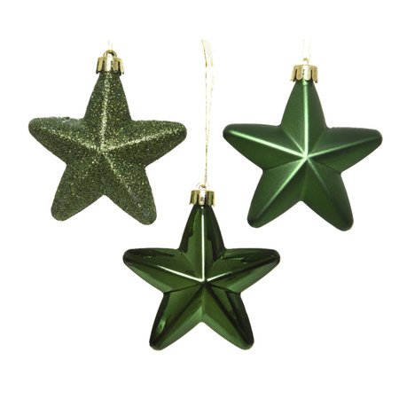 6x Dark green stars Christmas baubles 7 cm plastic 