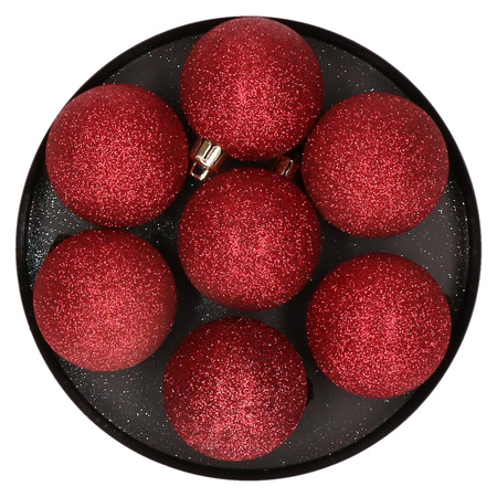 6x Donkerrode glitter kerstballen 6 cm kunststof