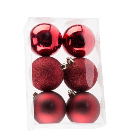 6x Dark red Christmas baubles 8 cm plastic matte/shiny/glitter