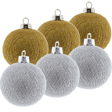 6x Gouden en zilveren kerstballen 6,5 cm Cotton Balls kerstboomversiering
