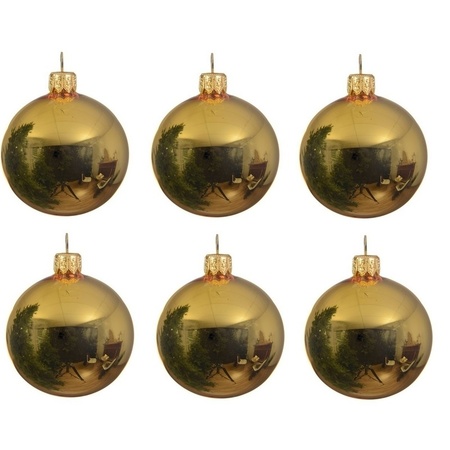 6x Gold glass Christmas baubles 6 cm shiny