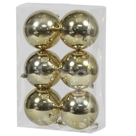6x Golden Christmas baubles shiny 10 cm plastic 