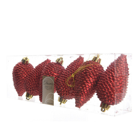 6x Christmas red pinecones Christmas baubles 8 cm plastic glitte