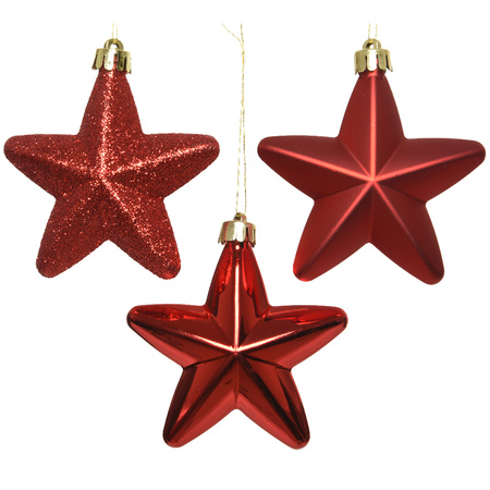 6x Christmas red stars Christmas baubles 7 cm plastic glitter