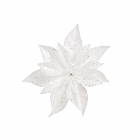 6x Kerstboomversiering bloem op clip witte kerstster 18 cm