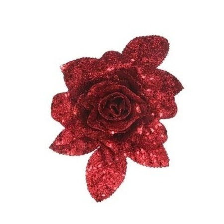 6x Kerstboomversiering bloemen op clip rode glitter roos 15 cm