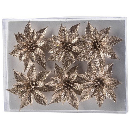 6x Christmas tree deco champagne glitter flowers on clip 8 cm