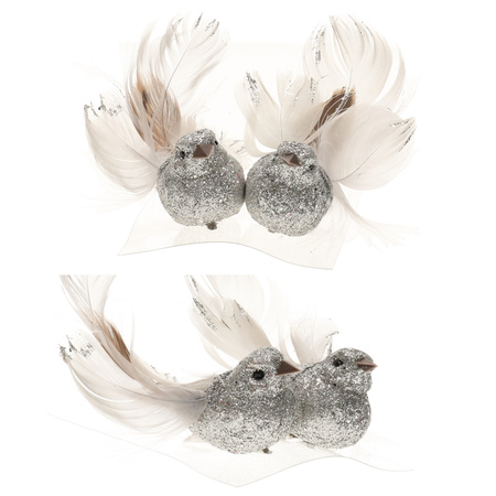 6x Kerstboomversiering glitter zilver vogeltje op clip 10 cm