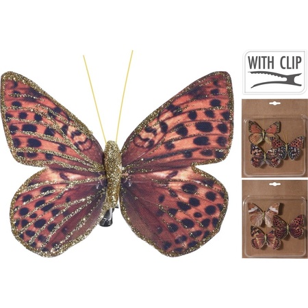 6x Kerstboomversiering vlinders op clip rood/bruin/goud 10 cm
