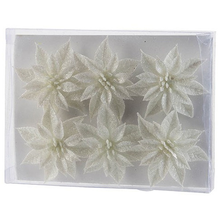 6x Kerstboomversiering witte glitter kerstrozen op ijzerdraad 8 cm