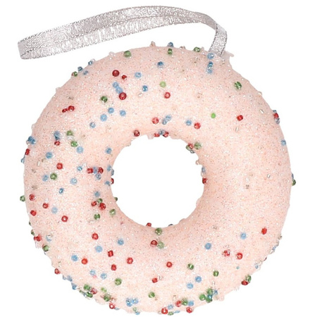 6x Kersthangers figuurtjes donut lichtroze met kraaltjes 10 cm
