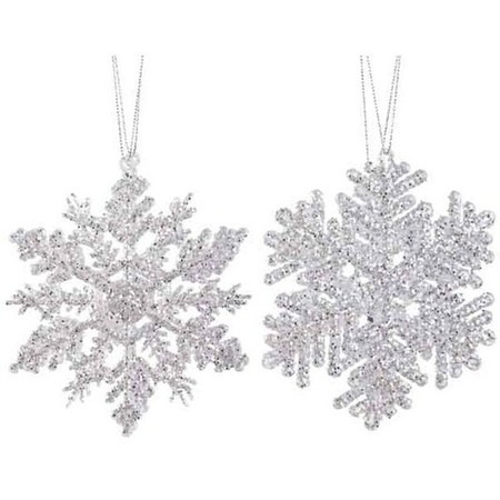 6x Kersthangers figuurtjes zilveren sneeuwvlok/ster 12cm glitter