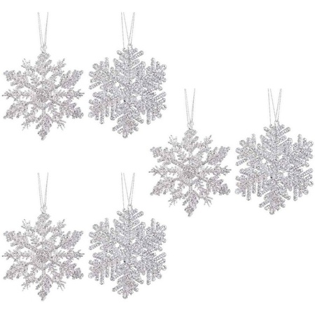 6x Kersthangers figuurtjes zilveren sneeuwvlok/ster 12cm glitter